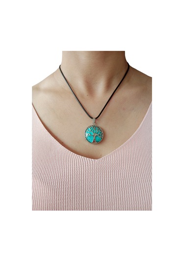 Turkuaz Doğal Taşlı Hayat Ağacı Çelik Kolye - Kadın Mor