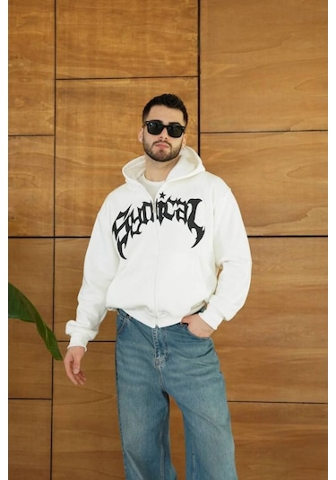 Mbb E-ticaret Erkek Kapüşonlu 3 İplik Şardonlu Önü Baskılı Fermuarlı Oversize Sweatshirt - Beyaz