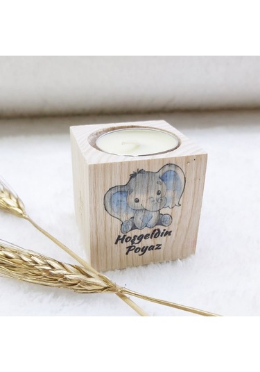 Ahşap Mumluk Erkek Bebek Şekeri Fil UV Baskılı Kalp Dese(30 Adet)