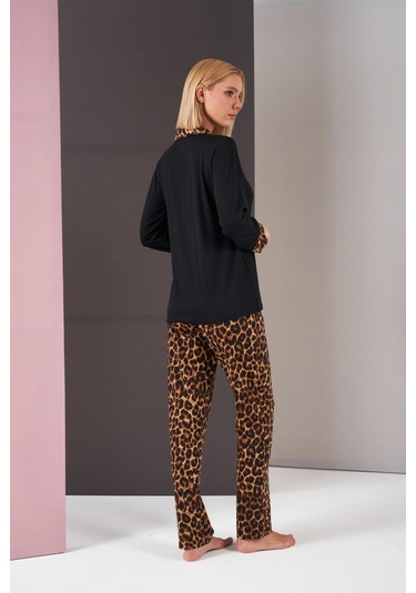 Pjs 26006 Kadın Patlı Boydan Düğmeli Leopar Desenli Uzun Kollu Pijama Takım Siyah