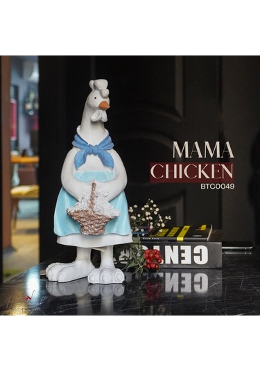 Mavi Eşarplı Ve Sepetli El Yapımı Seramik Tavuk Figürü Çiftlik Ev