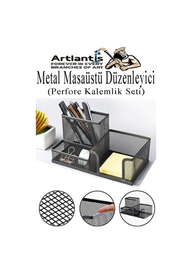 Masaüstü Metal Kalemlik Seti 3 Lü Kombo 1 Paket Fileli Perfore Siyah Kalemlik Ataşlık Kağıtlık Küpnotluk Düzenleyici Siyah