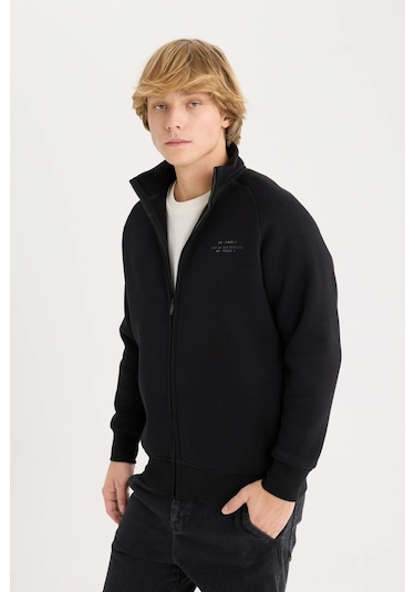 DeFacto Boxy Fit Dik Yaka Baskılı İçi Yumuşak Tüylü Hırka E1367AX25SPBK81