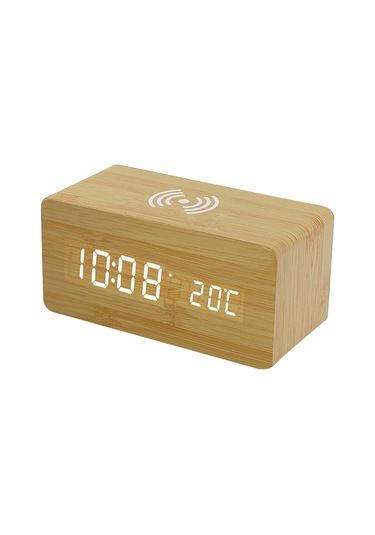Gajeena Ahşap Kasa Led Akıllı Alarm Saat - Kablosuz Şarj, Ses Kontrol, Saat/tarih/sıcaklık Gösterimi, 3 Alarm, Parlaklık Ayarı Haki