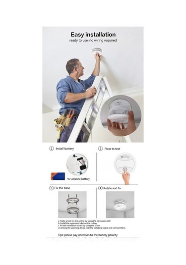 Jeemson Wifi Duman Alarmı, Tuya Uygulaması Bildirimi, 90db Sesli Alarm, 360 Algılama, 9v Pil Dahil Beyaz