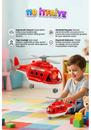 Fileli Figürlü İtfaiye Temalı Helikopter Tekerlekli Döndürülebilir Pervaneli Oyuncak Hava Taşıtı