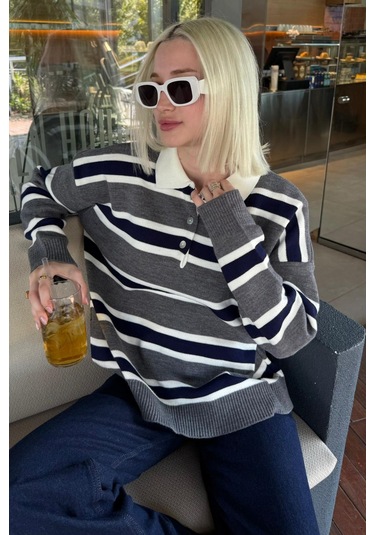 Madmext Antrasit Çizgili Düğmeli Polo Yaka Kadın Triko Kazak Mg2280 Antrasit