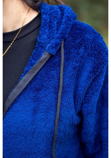 Kadın Saks Koyu Mavi Peluş Kalın Fermuarlı Kapüşonlu Cepli Ceket 23kcktmy50 001