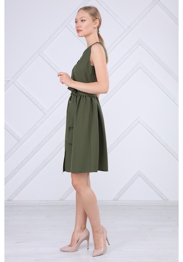 Kadın Bağlama Detaylı V Yaka Düğmeli Kolsuz Elbise 4320/95 001