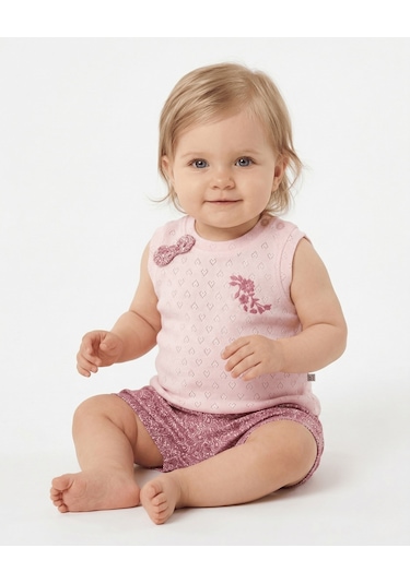 S-Mall Bibaby Pink Flowers Şortlu Jakarlı Bebek Takımı - 2 Li - Pembe