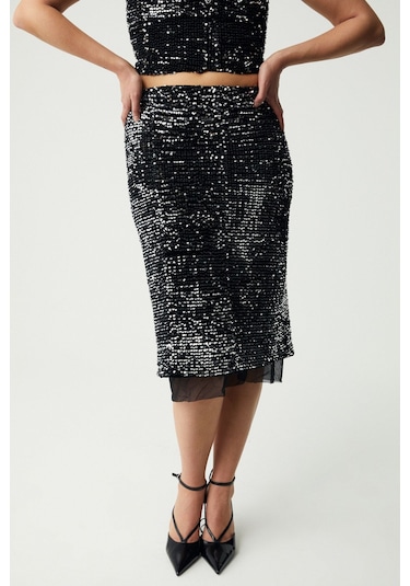 GRIMELANGE Yıseth Kadın Gümüş Pul Payet Uzun Astarlı Siyah Etek Siyah