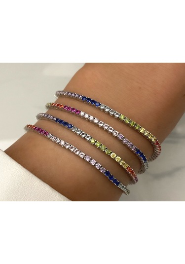 Silver Point 1 Mm Renkli Taşlı Suyolu Bileklik Gümüş