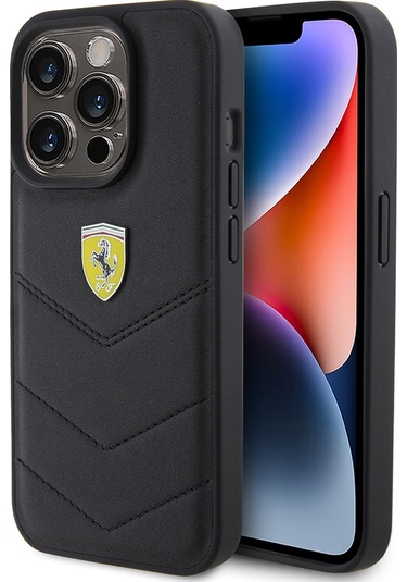 İphone Uyumlu 15 Pro Kılıf Ferrari Lisanslı Deri Dikişli Arka Yüzey Metal Logo Tasarımlı Siyah