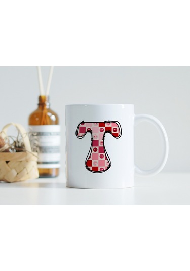 T Harfi Pembe Kareli Kalpli Göz Emojili Kupa Bardak Eğlenceli Kareli Tasarım Kahve Çay Kupası 07 Beyaz