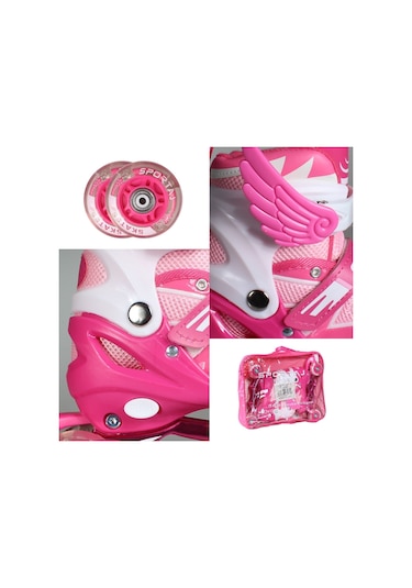 Pembe Melek Kanatlı Işıklı Paten Kız Çocuk Pateni Silikon 4 Teker Pembe