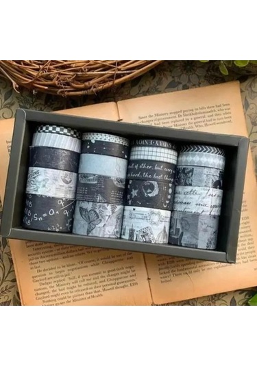 Dikdörtgen Vintage Washi Tape Bant Yapışkanlı Maskeleme Kağıdı Desenli Bant 20'li - Siyah Seri Bant 1