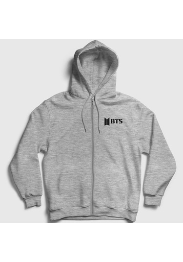 Presmono Unisex Logo Bts Fermuarlı Kapüşonlu Sweatshirt Gri Melanj