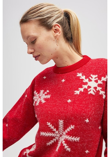 Peraluna Snowflake Kartanesi Desenli Unisex Yılbaşı Kazağı - Kırmızı Kırmızı