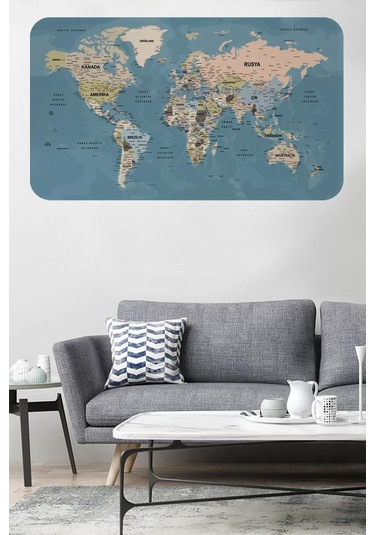 Türkçe Eğitici Ülke Ve Başkent Okyanus Detaylı Atlası Dünya Haritası Duvar Sticker -60x105-3836 Renkli