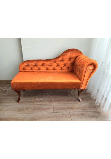 Ters Kol Dekoratif Bihter Koltuk Josefin Puf 130 Cm Ceviz Ayak Turuncu