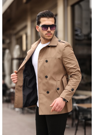 Mero Life Erkek Taba Mevsimlik Astarlı Kemerli Kruvaze Trençkot Taba