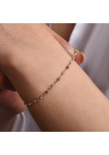 14 Ayar Altın Kaplama Çok Renkli Doğal Taşlı El Yapımı Gümüş Bileklik - Cbs00131 Altın