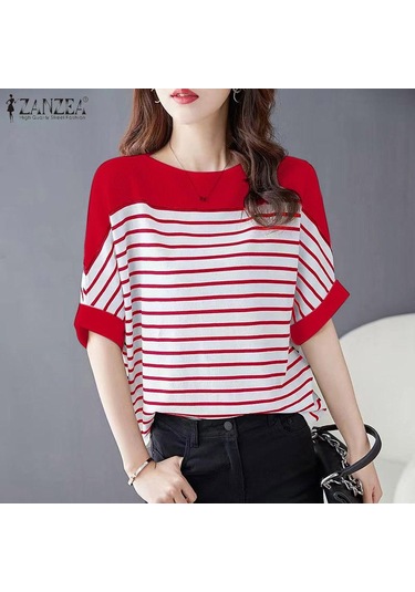 Zanzea Kadın Rahat O-yaka Kısa Kollu Çizgili Bluz Kırmızı