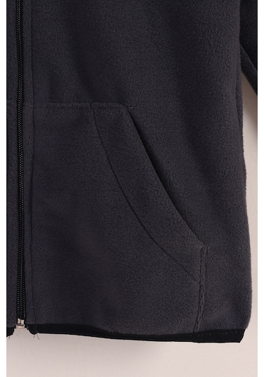 Monox Lastik Manşetli Fermuarlı Kapüşonlu Çocuk Unisex Polar Ceket Füme