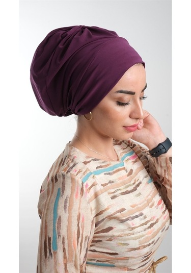 Mürdüm Pratik Hazır Geçmeli Tesettür Bone Sandy Kumaş Büzgülü 211 Mürdüm