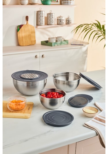 Karaca Kaia 9 Parça Rende Kapaklı Karıştırma Ve Saklama Seti Çelik Gümüş