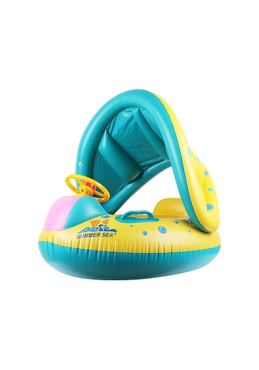 Qingmipy Bebek İçin Güneşlikli Yüzme Simidi - Döner Direksiyonlu, 0-3 Yaş Güvenli Yüzme Oyuncağı Sarı - Mavi