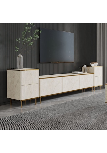 İmaj Tv Ünitesi Ve Komodin Set Traverten/gold, Oturma Odası Set, Tv Sehpası - Traverten Traverten