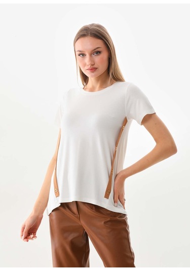 Sistas Kadın Düğme Ve Şerit Detaylı Kısa Kol Bluz 23119 Ekru-camel Ekru - Camel