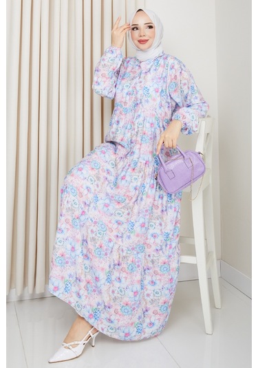 Elera Desenli Yarasa Kol Tesettür Elbise 1572 - Lila Lila