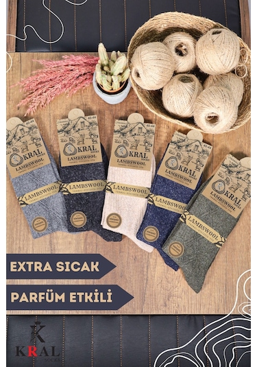 Kral Çorap Termal Etkili Lambswool Kışlık Kadın - Erkek Yün Çorap 5'li Çok Renkli