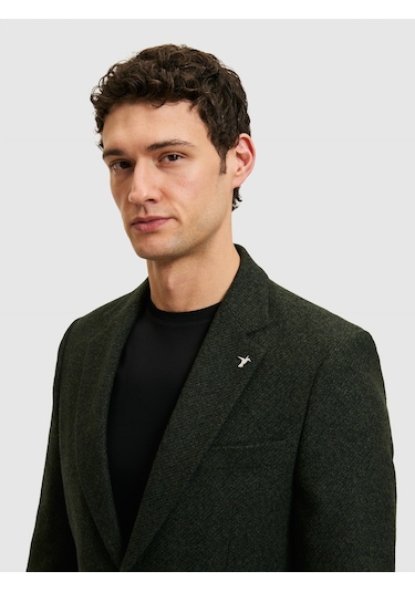Cacharel Koyu Yeşil Slim Fit Yün Karışımlı Flanel Ceket Yesıl