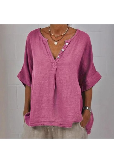 Pamuk Keten Kadın Gömlek V Yaka Düğmeli Yarım Patlet Yarım Kol Nefes Alabilir Bol Kamel