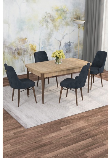 Mona Meşe 80x132 Açılabilir Mdf Masa Yemek Odası Takımı, Mutfak Takımı 4 Adet Sandalye Meşe Masa - 4 Antrasit - Ceviz Ayak