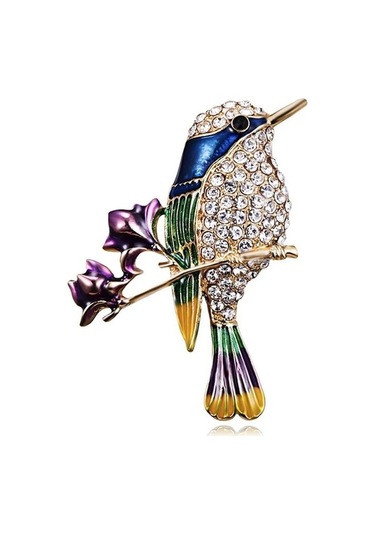 Solfera Gül Dalındaki Bülbül Renkli Kuş Zirkon Taşlı Yaka İğnesi Broş Rz194