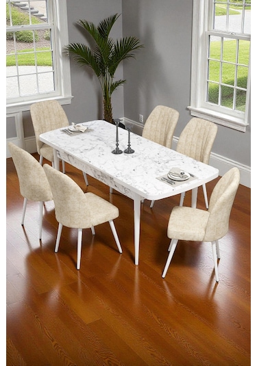 Bara Siyah Mermer 80x132 Açılabilir Sunta Masa Yemek Odası Takımı, Mutfak Takımı 6 Adet Sandalye Krem