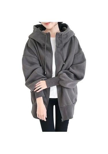 Novahub Uzun Kollu Kapüşonlu Bağcıklı Cep Fermuarlı Hırka Kazak Sweatshirt Kadın İlkbahar Ve Sonbahar Peluş Kazak Büyük Beden S-5xl Gri - Xl Gri