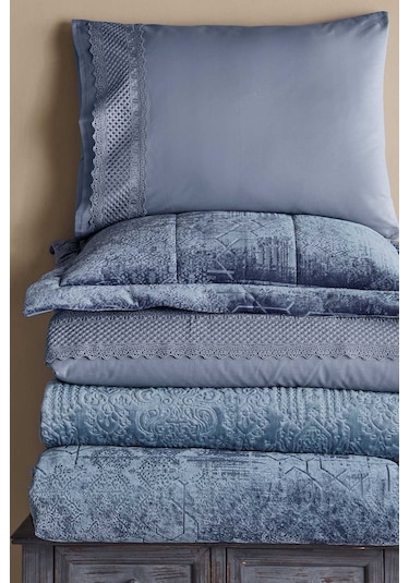 Elart Çeyiz Paketi 10 Parça Yatak Örtüsü+nevresim Takımı+battaniye Nüans Mavi