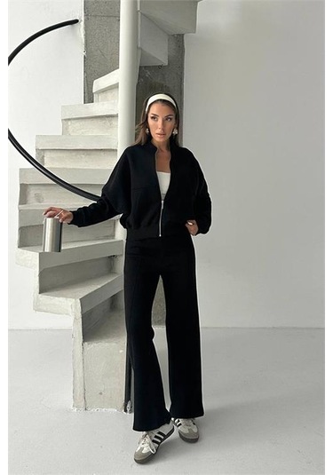 Neşeli Butik Kadın 3 İplik Şardonlu Oversize Eşofman Takımı Nbg105 Siyah