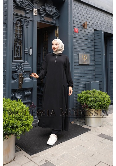 Kadın Siyah Aerobin Uzun Önü Yarım Fermuarlı İkili Takım T1215 Siyah