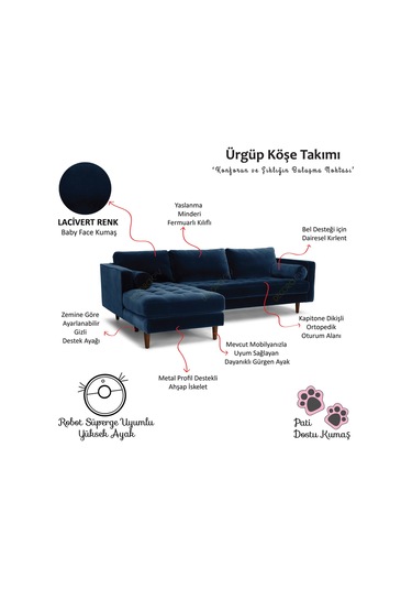 Ürgüp Modern Köşe Koltuk Takımı - Lacivert - Sol Köşe - Baby Face Yumuşak Kumaş Lacivert