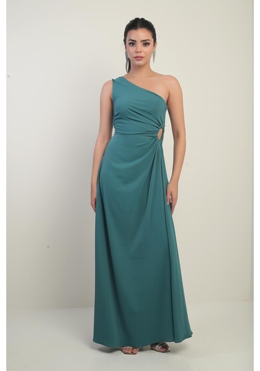 Kadın Tek Omuz Yan Pencere Detaylı Uzun Krep Saten Elbise-40843 Koyu Yeşil