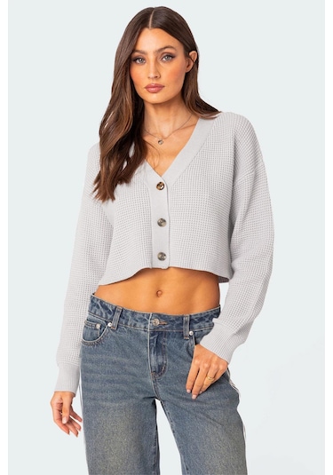 Madmext Gri Uzun Kollu Düğmeli Crop Hırka Mg2198 Gri