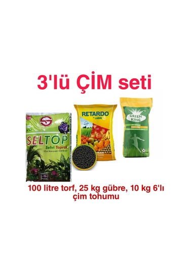 Profesyonel Üçlü Çim Ekim Seti Torf 100 Lt Çim Gübresi 25kg Çim Tohumu 6'lı 10kg