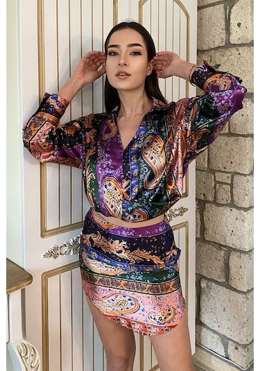 Etnik Desenli Saten Takım - Turuncu