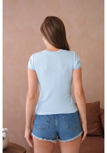 Dantel Detaylı Örme Body Bluz Mavi
